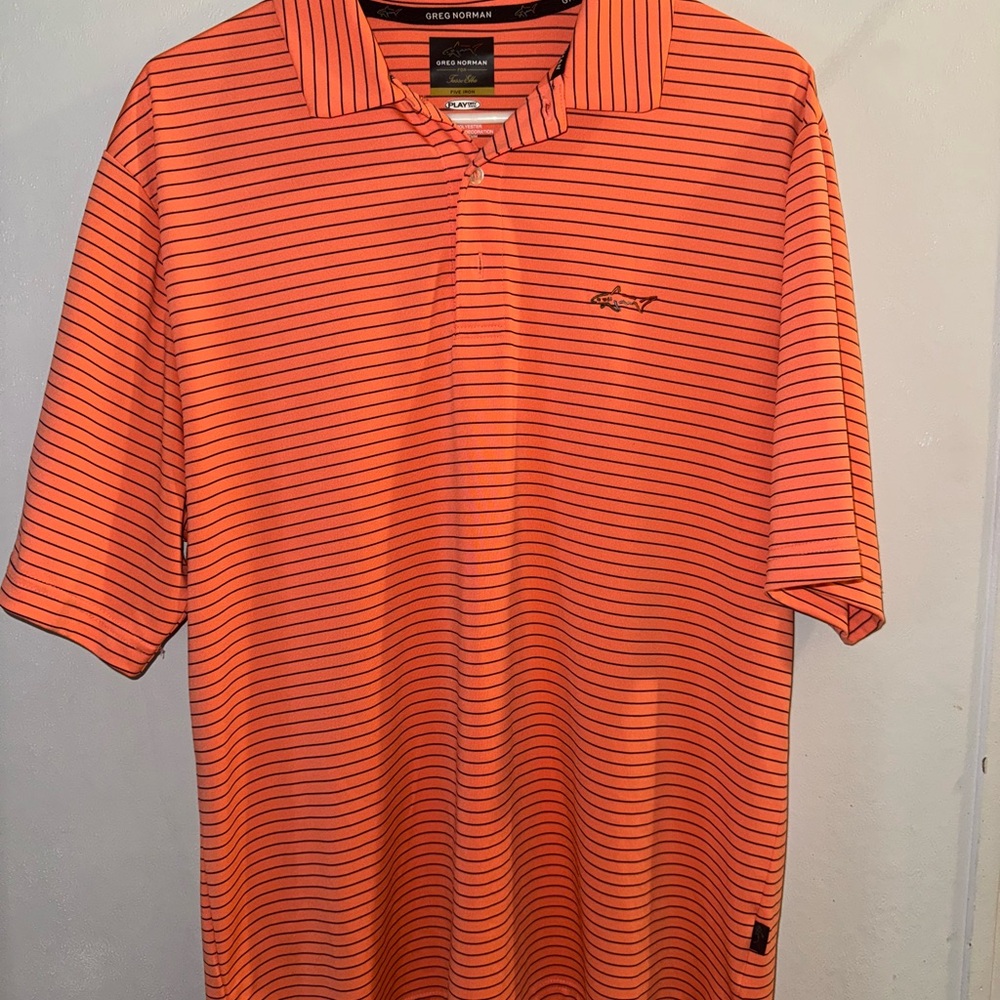 Greg Norman for Tasso Elba Five Iron Play Dry Polo Orange Striped Shark Logo M